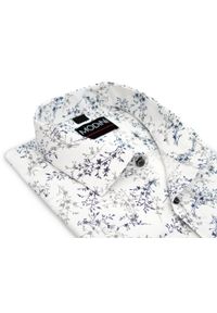 Modini - Biała koszula męska w szaro-granatowe gałązki/listki Y55. Kolor: szary, biały, wielokolorowy, niebieski. Materiał: bawełna, poliester, tkanina #1