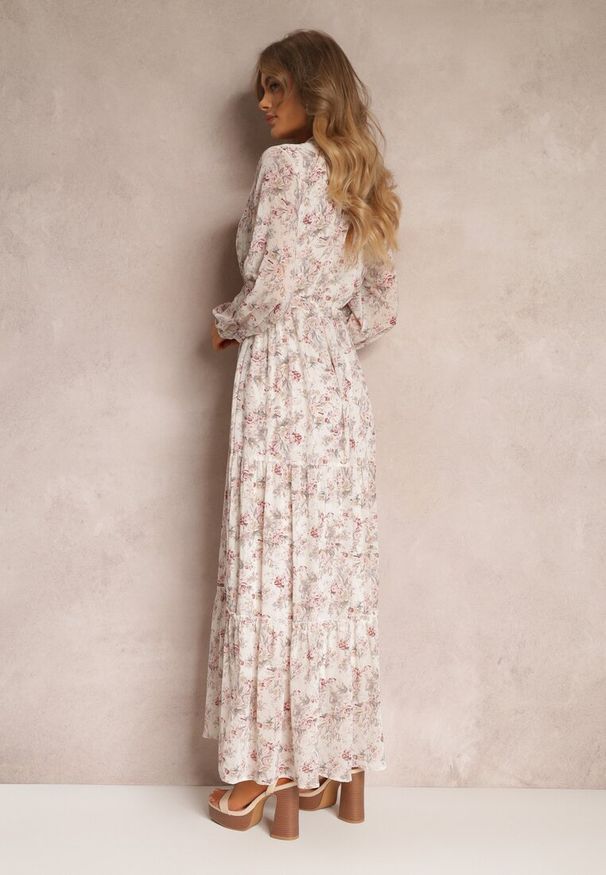 Renee - Biała Sukienka Maxi w Kwiaty ze Sznurkiem w Pasie Marili. Kolor: biały. Długość rękawa: długi rękaw. Wzór: kwiaty. Długość: maxi