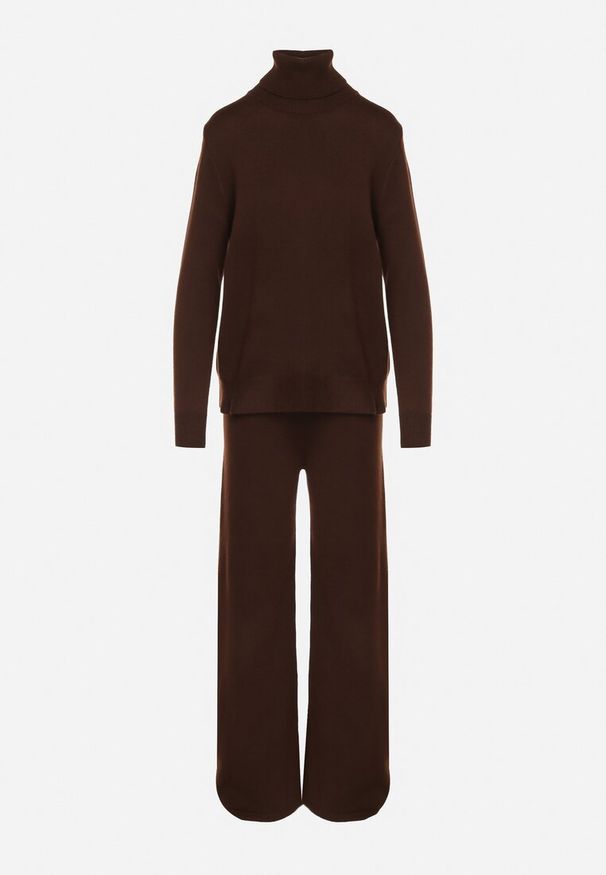 Born2be - Brązowy Dzianinowy Komplet z Wełną i Bawełną Spodnie i Sweter z Golfem Errele. Kolor: brązowy. Materiał: dzianina, bawełna, wełna