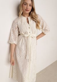 Born2be - Beżowy Koronkowa Sukienka Koszulowa o Rozkloszowanym Dole z Paskiem w Talii Nesssea. Okazja: na co dzień, do pracy. Kolor: beżowy. Materiał: koronka. Typ sukienki: koszulowe. Styl: casual, elegancki #8