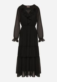 Born2be - Czarna Siateczkowa Sukienka VICES o Rozkloszowanym Kroju z Falbanami Arevite. Typ kołnierza: dekolt w kształcie V. Kolor: czarny. Typ sukienki: rozkloszowane. Styl: klasyczny #7