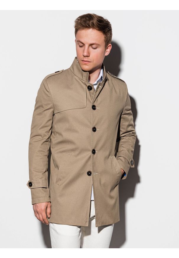 Ombre Clothing - Płaszcz męski wiosenny C269 - beżowy - XXL. Typ kołnierza: kołnierzyk stójkowy. Kolor: beżowy. Materiał: bawełna, poliester. Sezon: wiosna. Styl: elegancki