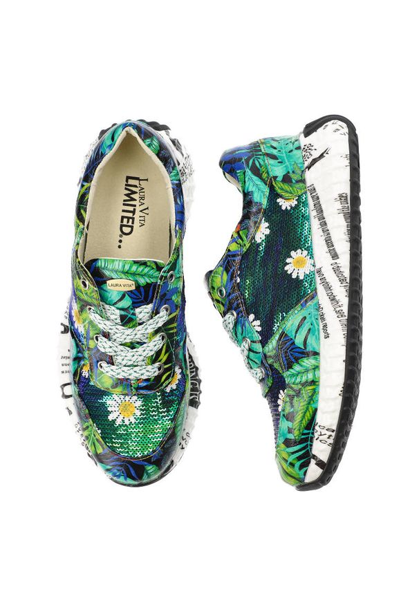 Zielone Sneakersy Laura Vita Stylowe Obuwie Damskie. Okazja: na co dzień. Kolor: zielony. Materiał: skóra, materiał. Szerokość cholewki: normalna. Wzór: kolorowy, kwiaty, nadruk. Sezon: wiosna. Obcas: na platformie. Styl: elegancki