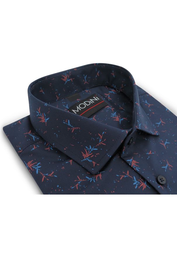 Modini - Granatowa koszula męska w niebiesko-czerwone listki/gałązki Y48. Kolor: wielokolorowy, czerwony, niebieski. Materiał: bawełna, poliester, tkanina. Długość: długie