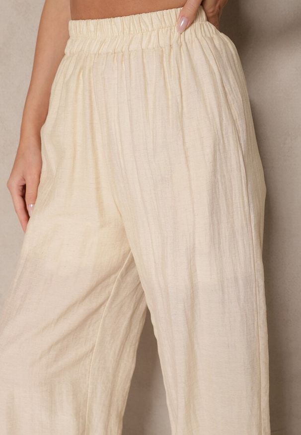 Renee - Jasnobeżowe Wiskozowe Spodnie Palazzo High Waist z Lnem Linaselia. Stan: podwyższony. Kolor: beżowy. Materiał: len, wiskoza. Sezon: lato