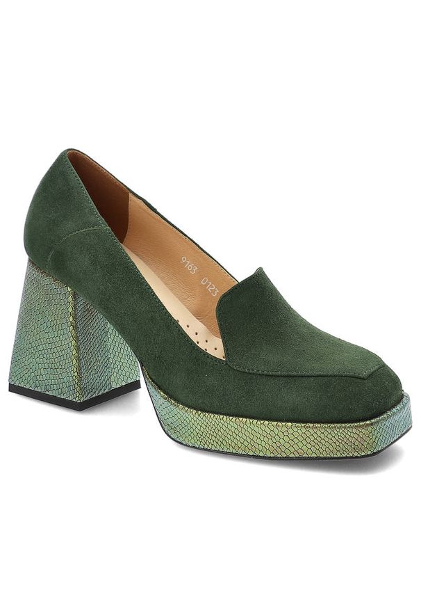 Zielone Półbuty Armodo Damskie Eleganckie Buty. Zapięcie: bez zapięcia. Kolor: zielony. Szerokość cholewki: normalna. Wzór: aplikacja. Materiał: zamsz, skóra. Sezon: wiosna. Obcas: na obcasie. Styl: elegancki. Wysokość obcasa: średni