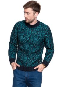 Wrangler - MĘSKI SWETER WRANGLER JACQUARD KNIT DARK NAVY W8641QHAE. Materiał: skóra, żakard, dzianina #8