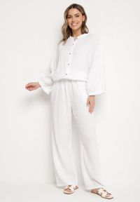 Born2be - Biały Muślinowy Komplet z Bawełny o Kroju Oversize Koszula i Szerokie Spodnie Ziselia. Kolor: biały. Materiał: bawełna. Wzór: aplikacja #3