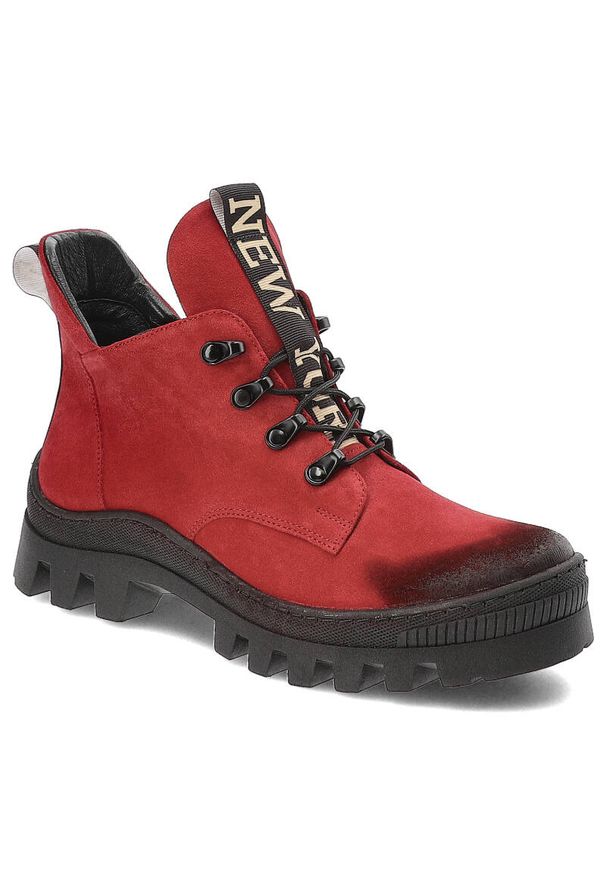 DAMISS - Czerwone Botki Damiss Wygodne Buty Damskie. Okazja: na co dzień. Kolor: czerwony. Materiał: skóra, welur. Szerokość cholewki: normalna. Styl: casual, sportowy