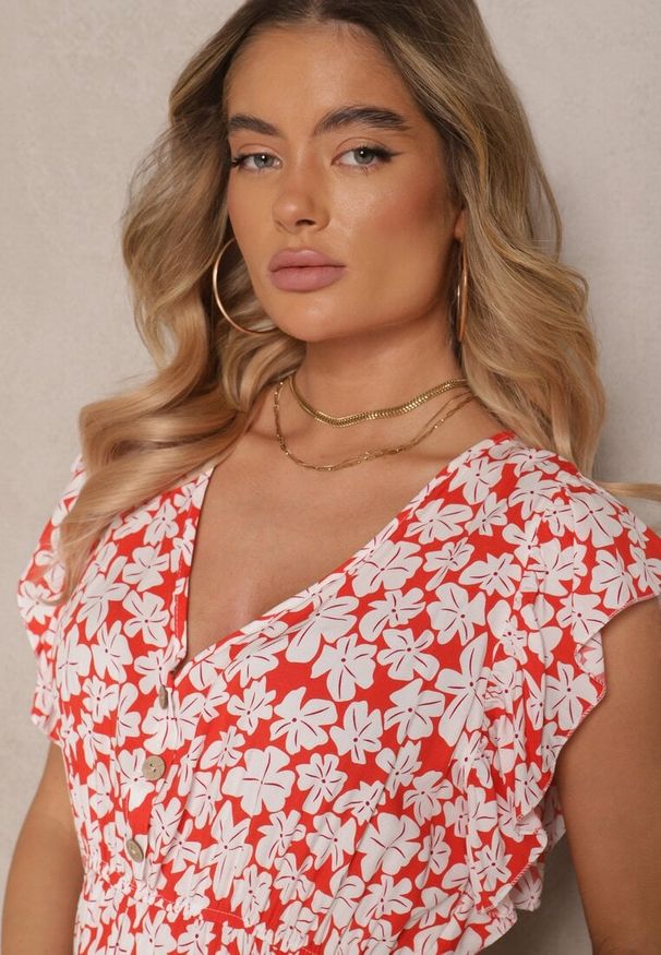 Renee - Czerwona Rozkloszowana Sukienka z Bawełny w Kwiatowy Wzór z Gumką w Talii Alaniria. Okazja: na co dzień, na spacer. Typ kołnierza: dekolt w kształcie V. Kolor: czerwony. Materiał: bawełna. Wzór: kwiaty. Typ sukienki: rozkloszowane. Styl: casual