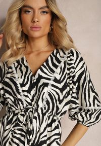 Renee - Czarno-Biała Sukienka z Wiskozy i Bawełny Ozdobiona Falbaną i Sznurkiem w Pasie Vantia. Okazja: na co dzień. Kolor: czarny. Materiał: bawełna, wiskoza. Wzór: aplikacja. Sezon: lato. Typ sukienki: proste. Styl: elegancki, casual