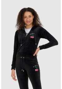 Juicy Couture - JUICY COUTURE Czarna welurowa bluza dresowa damska z haftowanymi wisienkami, Rozmiar L. Kolor: czarny. Materiał: welur, dresówka. Wzór: haft