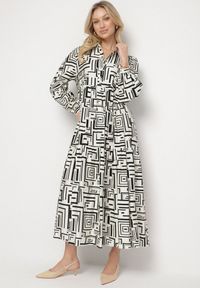 Born2be - Czarna Rozkloszowana Sukienka Koszulowa z Wiskozą w Geometryczny Wzór Alineria. Okazja: na co dzień. Kolor: czarny. Materiał: wiskoza. Wzór: geometria. Typ sukienki: koszulowe. Styl: klasyczny, casual, elegancki #1