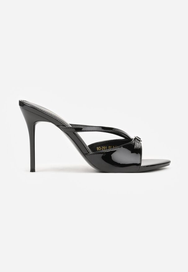 Born2be - Czarne Lakierowane Klapki na Szpilce Zdobione Paskami i Klamerką Hemdithas. Okazja: na co dzień, na ślub cywilny, na wesele. Kolor: czarny. Materiał: lakier. Wzór: aplikacja. Obcas: na szpilce. Styl: casual, wizytowy