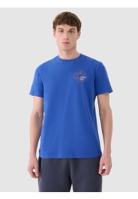 4f - 4F T-shirt regular z nadrukiem męski - niebieski L. Okazja: na co dzień. Kolor: niebieski. Materiał: dzianina, bawełna, jersey. Wzór: nadruk. Styl: klasyczny, sportowy, casual