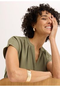 bonprix - Bluzka z krótkim rękawem i krytą plisą guzikową. Typ kołnierza: dekolt w serek. Kolor: zielony. Długość rękawa: krótki rękaw. Długość: krótkie #3