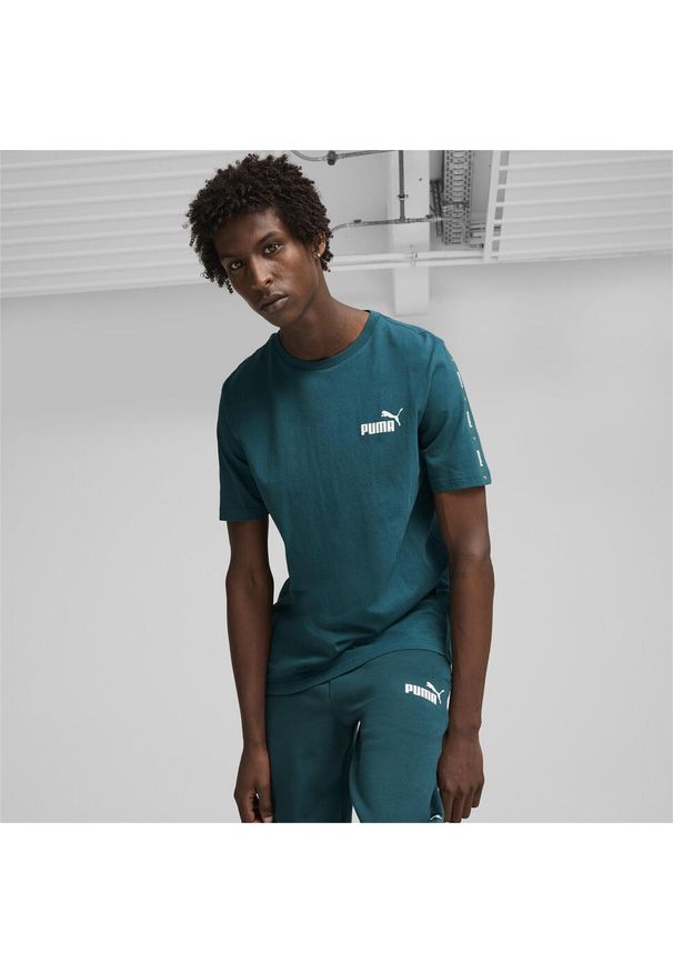 Puma - Męska koszulka Essentials+ Tape PUMA Cold Green. Kolor: zielony. Materiał: bawełna, poliester