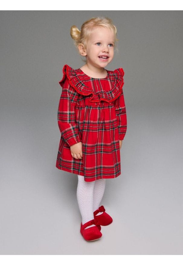 Sinsay - Sukienka w kratę z falbanką - czerwony. Kolor: czerwony