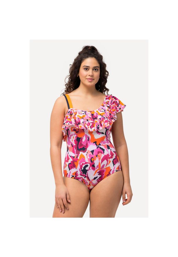 ULLA POPKEN - Damski Strój kąpielowy haftowane kwiaty miękkie miseczki falbana. Kolekcja: plus size. Kolor: beżowy. Materiał: elastan, poliamid, materiał. Wzór: haft, kwiaty