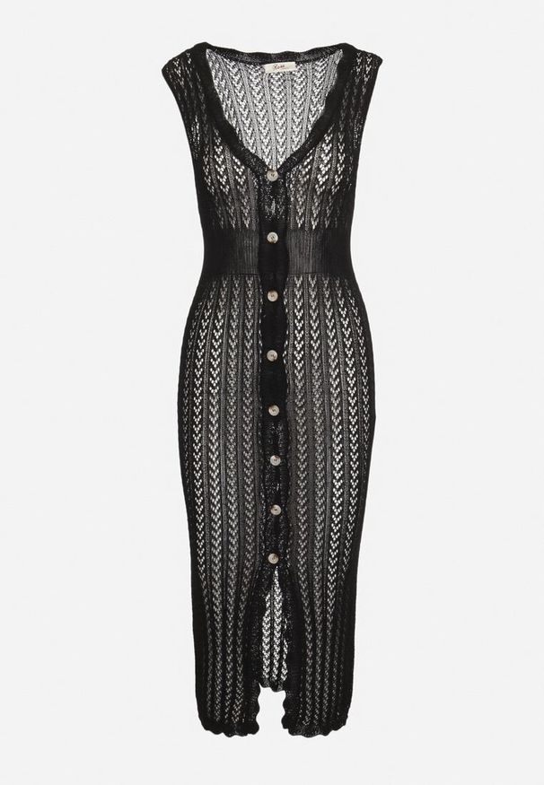 Born2be - Czarna Plażowa Sukienka Bodycon z Ażurowej Tkaniny Zapinana na Guziki Kyren. Okazja: na plażę. Typ kołnierza: dekolt w kształcie V. Kolor: czarny. Materiał: tkanina. Długość rękawa: bez rękawów. Wzór: ażurowy. Sezon: lato. Typ sukienki: bodycon