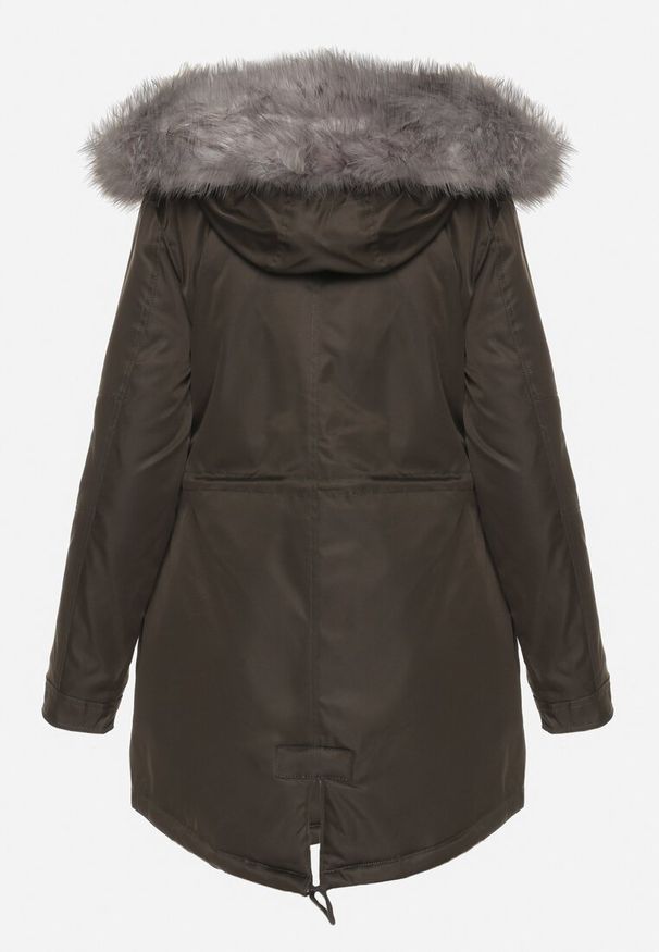 Born2be - Zielono-Szara Kurtka Parka z Futerkowym Odpinanym Zdobieniem przy Kapturze Inellae. Okazja: na co dzień. Kolor: zielony. Materiał: jeans, futro, dzianina. Wzór: aplikacja. Styl: elegancki, klasyczny, casual