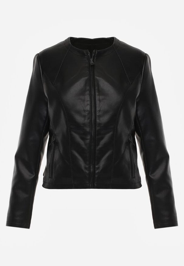 Renee - Czarna Kurtka w Stylu Gładkiej Ramoneski z Dekoltem Crew Neck Issanore. Okazja: na co dzień. Kolor: czarny. Materiał: skóra, poliester. Wzór: gładki. Styl: casual, klasyczny