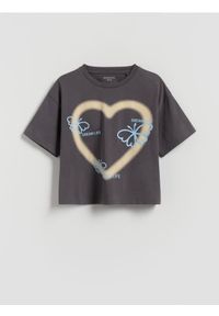 Reserved - Luźny t-shirt z nadrukiem - ciemnoszary. Kolor: szary. Materiał: bawełna. Długość: krótkie. Wzór: nadruk