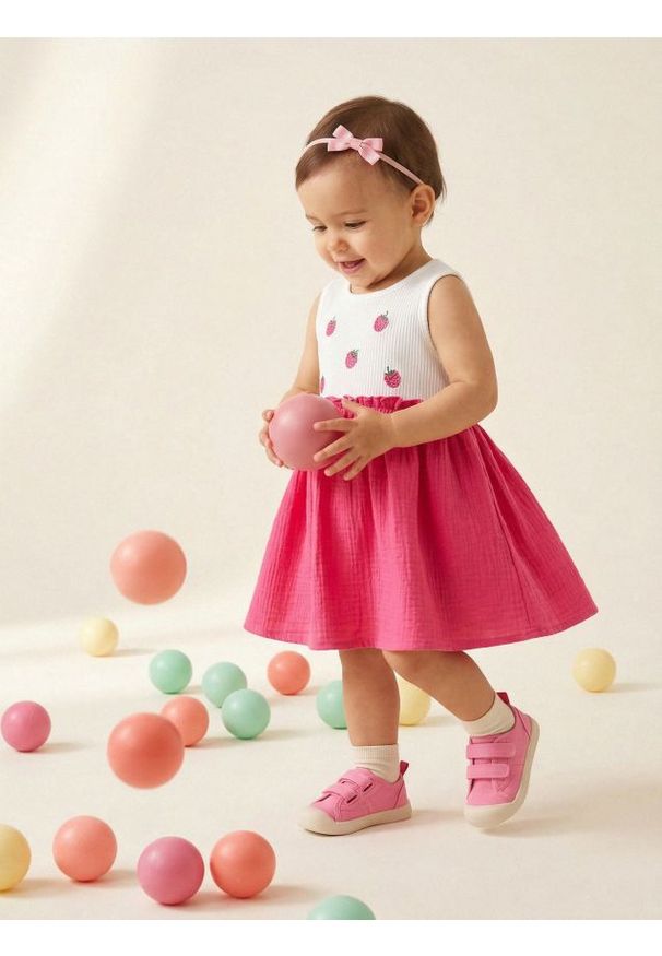 Sinsay - Bawełniana sukienka bez rękawów z haftowanymi malinami - biały. Kolor: biały. Materiał: bawełna. Wzór: haft