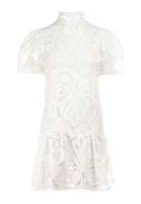 Born2be - Biała Sukienka Cilleis. Typ kołnierza: kołnierzyk stójkowy. Kolor: biały. Materiał: koronka. Wzór: koronka, aplikacja, ażurowy. Styl: elegancki. Długość: mini #4