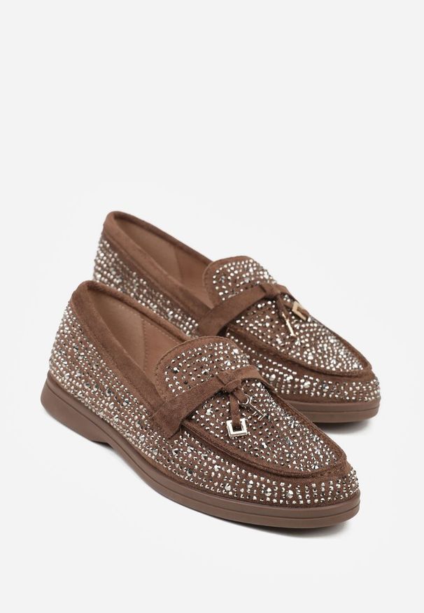 Born2be - Brązowe Mokasyny Ozdobione Cyrkoniami i Aplikacjami Isirsyss. Okazja: na co dzień. Kolor: brązowy. Materiał: jeans. Wzór: aplikacja. Styl: casual, elegancki