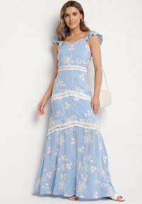 Born2be - Niebieska Wiskozowa Sukienka Ozdobiona Haftami i Falbankami Lumionea. Typ kołnierza: kołnierz z falbankami. Kolor: niebieski. Materiał: wiskoza. Wzór: aplikacja, haft. Styl: elegancki #5