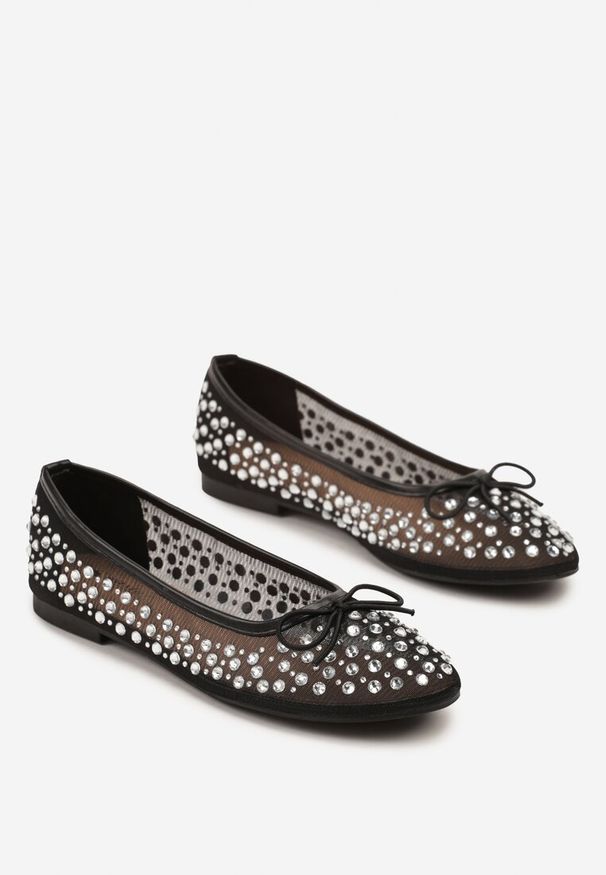 Born2be - Czarne Balerinki z Siateczki Zdobione Cyrkoniami i Kokardką Falondria. Kolor: czarny. Materiał: jeans, materiał. Wzór: aplikacja. Styl: elegancki, klasyczny