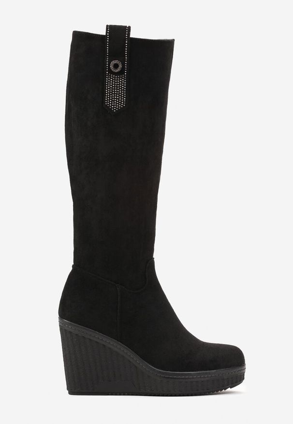 Renee - Czarne Kozaki na Koturnie i Niskiej Platformie z Paskiem w Cyrkonie Opalesce. Okazja: na co dzień. Zapięcie: pasek. Kolor: czarny. Obcas: na koturnie. Styl: casual