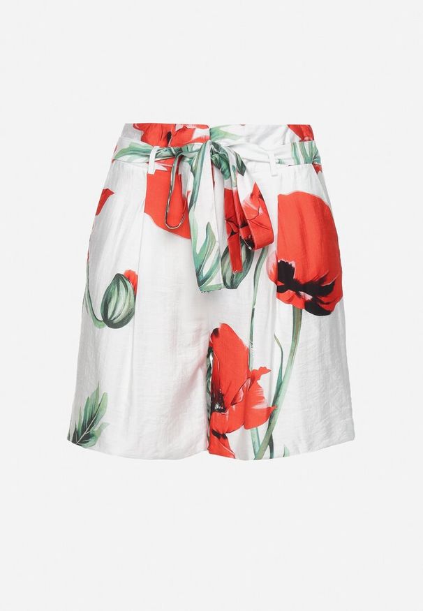 Born2be - Jasnobeżowe Szorty Bermudy z Wiązanym Paskiem i Printem w Maki Dioriana. Kolor: beżowy. Materiał: wiskoza. Wzór: nadruk. Sezon: lato