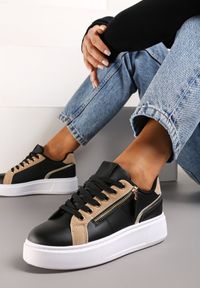 Born2be - Czarne Sneakersy na Platformie Ozdobione Suwakami Halimedia. Nosek buta: okrągły. Zapięcie: sznurówki. Kolor: czarny. Materiał: materiał. Wzór: aplikacja. Obcas: na platformie. Wysokość obcasa: niski #3