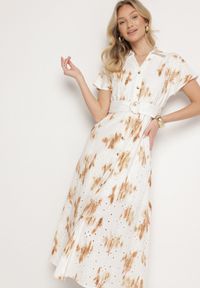 Born2be - Biało-Pomarańczowa Ażurowa Sukienka z Bawełny o Koszulowym Kroju z Paskiem Melpio. Okazja: na co dzień. Kolor: biały. Materiał: bawełna. Wzór: ażurowy. Typ sukienki: koszulowe. Styl: klasyczny, casual, elegancki #3