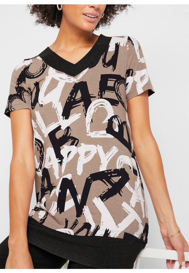 bonprix - Długa bluzka z krótkim rękawem. Kolor: brązowy. Długość rękawa: krótki rękaw. Długość: krótkie. Wzór: nadruk