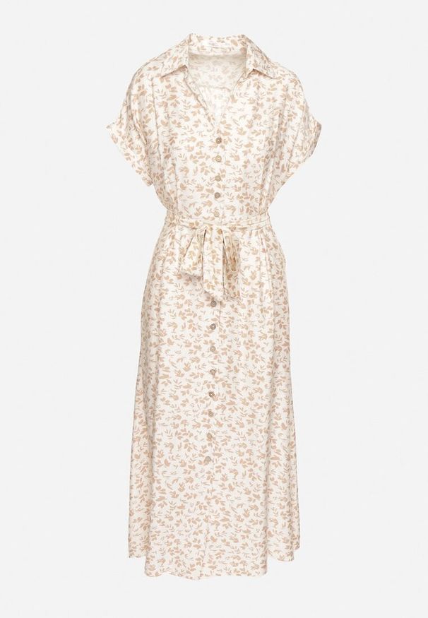 Born2be - Jasnobeżowa Bawełniana Sukienka w Kwiatki o Koszulowym Kroju z Wiązanym Paskiem Amondra. Okazja: na co dzień. Typ kołnierza: dekolt w kształcie V. Kolor: beżowy. Wzór: kwiaty. Typ sukienki: koszulowe. Materiał: bawełna. Długość rękawa: krótki rękaw. Sezon: wiosna, lato. Styl: casual, elegancki