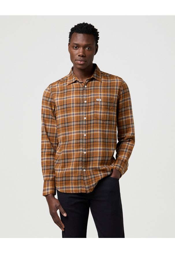 Wrangler - MESKA KOSZULA WRANGLER 1 PKT SHIRT BROWN BLACK 112371404