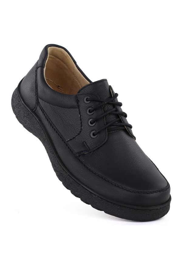 Skórzane półbuty męskie komfortowe czarne Helios 834K. Kolor: czarny. Materiał: skóra