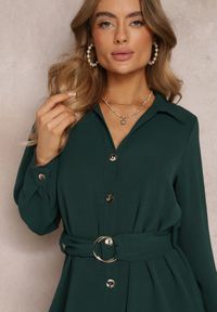 Renee - Ciemnozielona Sukienka Koszulowa z Paskiem Vartivar. Kolor: zielony. Materiał: materiał. Długość rękawa: długi rękaw. Typ sukienki: koszulowe. Styl: klasyczny, elegancki. Długość: midi #3