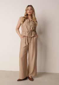 Born2be - Beżowy Wiskozowy Komplet w Stylu Safari Spodnie i Bluzka na Suwak z Wiązaniem Iphisei. Kolor: beżowy. Materiał: wiskoza #1