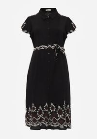 Born2be - Czarna Wiskozowa Sukienka Koszulowa Zdobiona Haftem i Wiązanym Paskiem Telonesa. Okazja: na co dzień. Kolekcja: plus size. Kolor: czarny. Materiał: wiskoza. Wzór: aplikacja, haft. Typ sukienki: koszulowe. Styl: casual #2