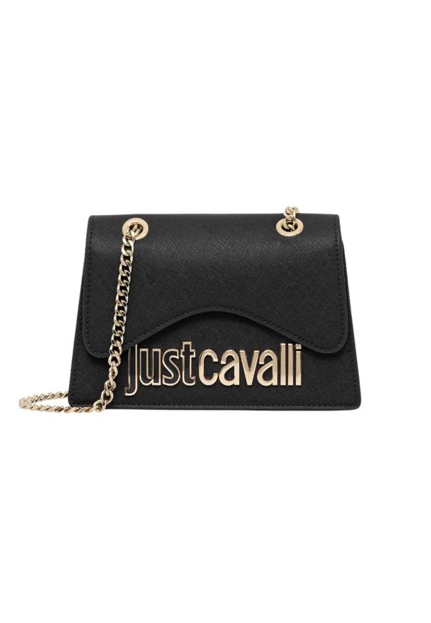 Just Cavalli - JUST CAVALLI Czarna mini torebka damska Metal Lettering Style 7. Kolor: czarny. Materiał: skórzane. Styl: casual, elegancki