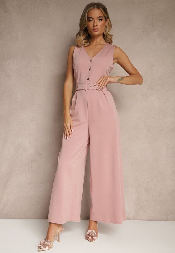 Renee - Różowy Kombinezon o Taliowanym Kroju z Wiskozą i Paskiem Raliorea. Kolor: różowy. Materiał: wiskoza. Styl: elegancki