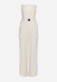 Born2be - Jasnobeżowy Kombinezon Zwężany w Talii Lnem i Wiskozą Qurefia. Okazja: na co dzień. Kolor: beżowy. Materiał: len, wiskoza. Długość: długie. Styl: casual, elegancki #4