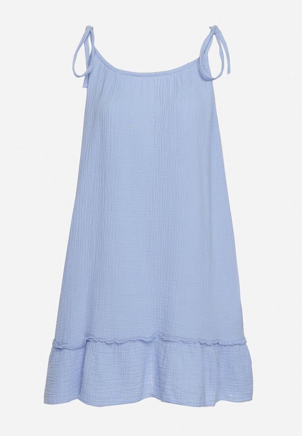 Born2be - Niebieska Rozkloszowana Muślinowa Sukienka z Bawełny na Wiązanych Ramiączkach Wirvia. Okazja: na spacer. Typ kołnierza: dekolt w kształcie V. Kolor: niebieski. Wzór: aplikacja. Typ sukienki: rozkloszowane. Materiał: bawełna. Długość rękawa: na ramiączkach. Sezon: lato. Styl: elegancki