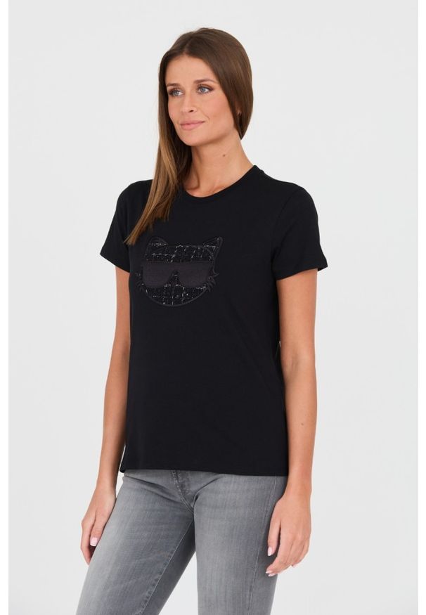 Karl Lagerfeld - KARL LAGERFELD Czarny t-shirt Boucle Choupette. Kolor: czarny. Materiał: bawełna