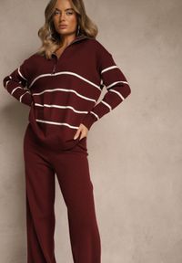 Renee - Bordowy Komplet z Dzianiny z Wełną Spodnie i Pasiasty Sweter z Suwakiem Tiarrea. Kolor: czerwony. Materiał: dzianina, wełna #4