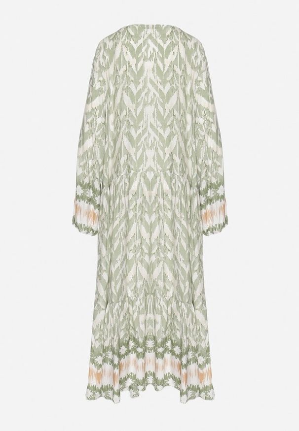 Born2be - Zielona Sukienka Rozkloszowana z Ozdobnym Wiązaniem w Boho Wzór Erainea. Okazja: na co dzień. Typ kołnierza: dekolt w kształcie V. Kolor: zielony. Materiał: jeans. Długość rękawa: długi rękaw. Wzór: aplikacja. Typ sukienki: rozkloszowane, proste. Styl: boho